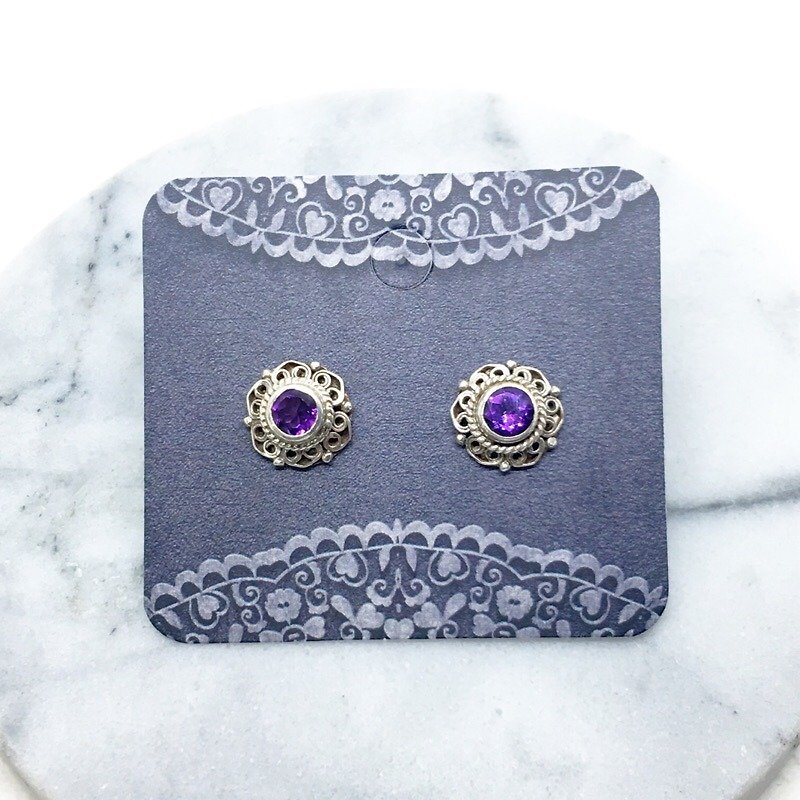 Amethyst 925 sterling silver lace earrings Nepal handmade mosaic production - Earrings & Clip-ons - Gemstone Purple