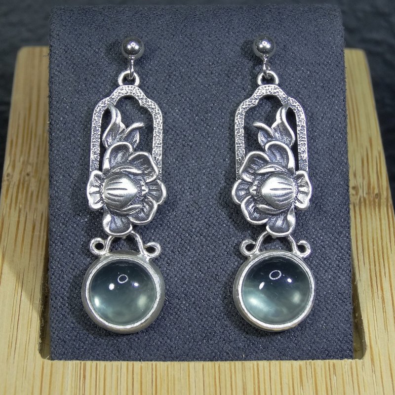 耳環 天然 葡萄石 清透淡綠 雕花 925銀飾 寶石 飾品 首飾 - 耳環/耳夾/耳骨夾 - 寶石 綠色