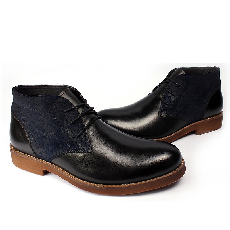 Temple filial piety simple stitching leather desert boots dark blue - Men's Boots - Genuine Leather Black