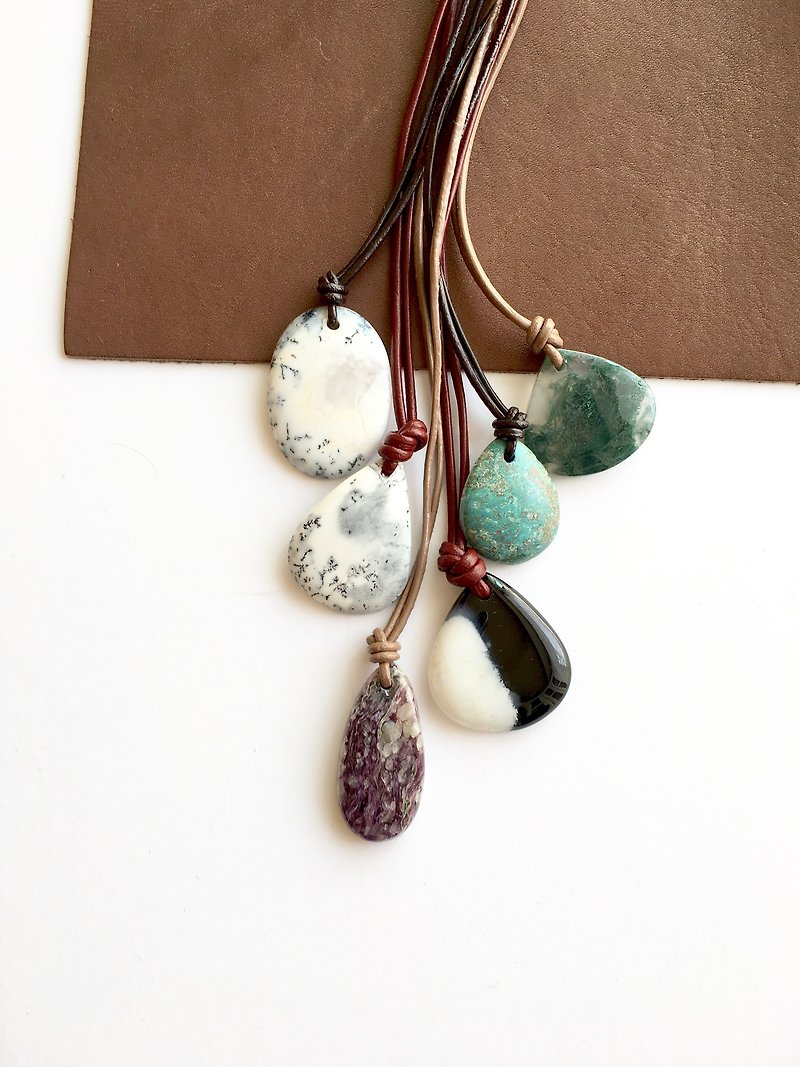 Gemstone Long necklace 【Moss agate, Black banded agate, charoite, Dendritic opal, Chrysocolla】 - Necklaces - Stone Multicolor
