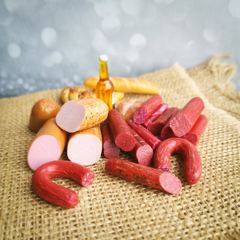 Realistic food 1/6: sausage, Bologna, Polish sausage, salami - dollhouse food - Other - Clay Multicolor