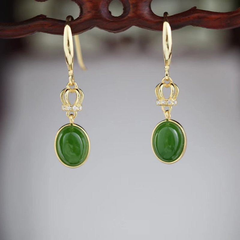 S925 Silver gold-plated Hetian jade jasper earrings retro national style auspicious earrings temperament earrings gift - Earrings & Clip-ons - Jade 