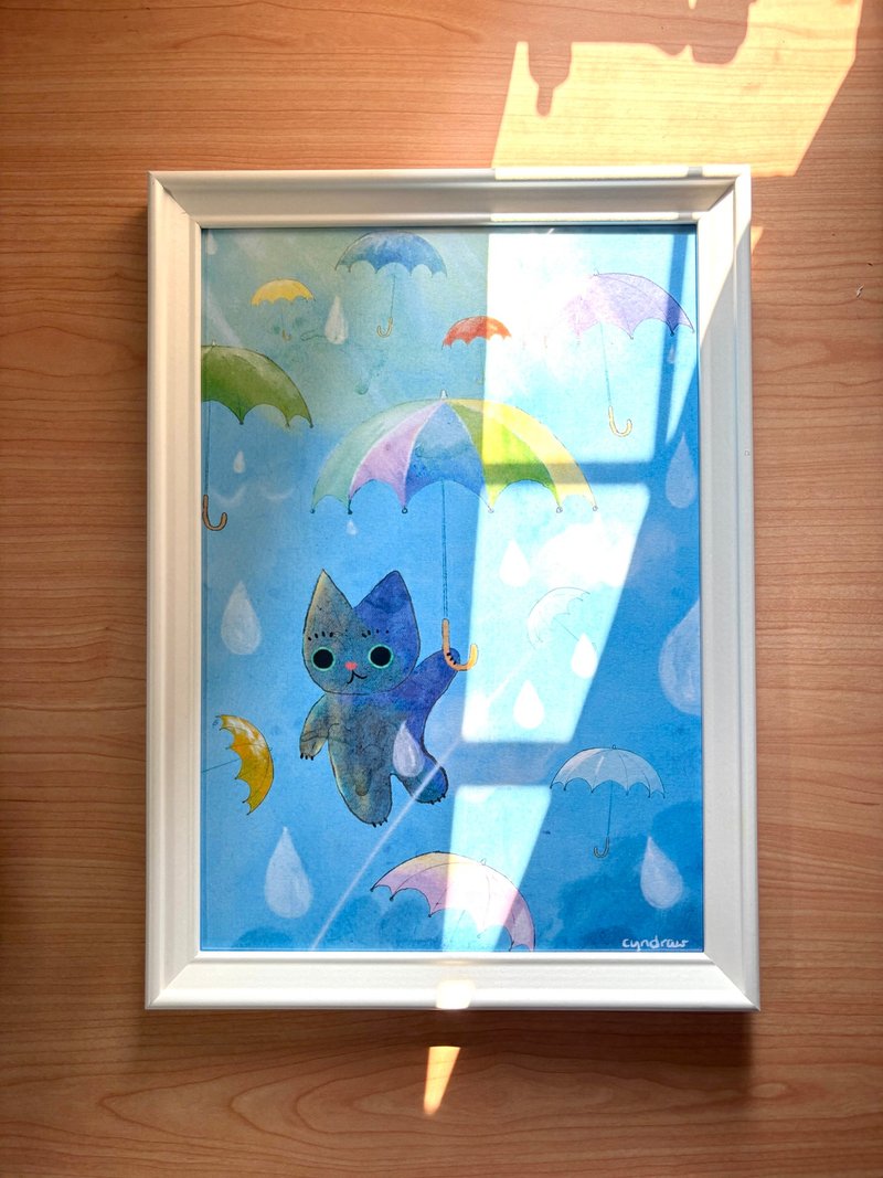 Cyndraw Cats in the Rainy Days Art Print with Frame - การ์ด/โปสการ์ด - กระดาษ สีน้ำเงิน