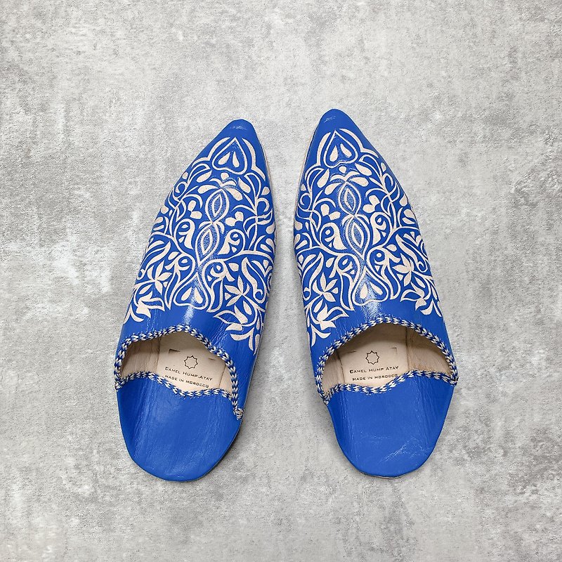 Limited Moroccan balgha. Cloudy sky is a little lighter blue - Indoor Slippers - Genuine Leather Blue