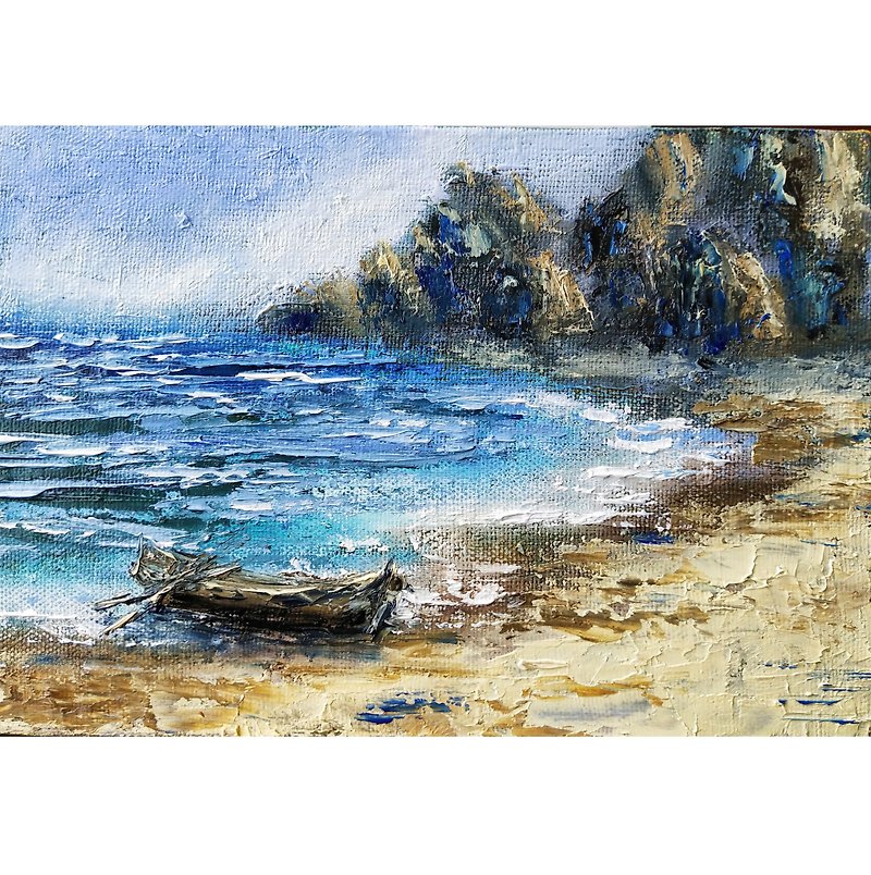 Boat Painting Coast Original Art Beach Oil Painting 20x30 cm - Wall Décor - Cotton & Hemp Multicolor