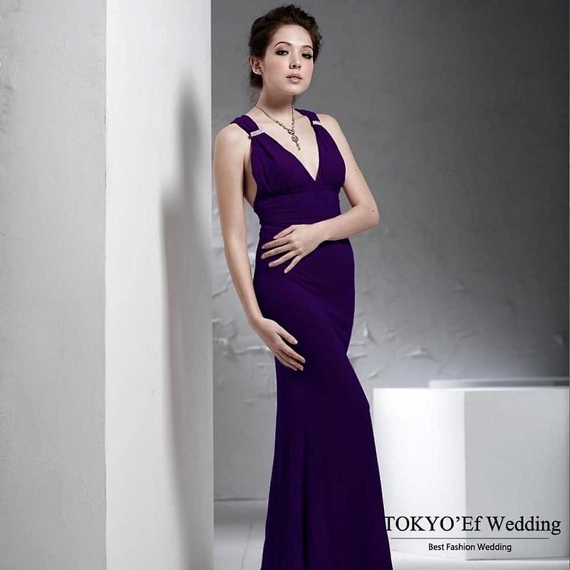 TOKYOef & SherryChen exclusive design Tweed Ning deep V mermaid dress - Evening Dresses & Gowns - Silk Purple