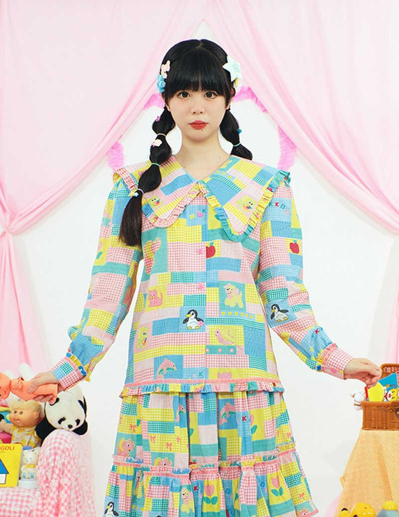 原創印花不對稱娃娃領長袖襯衫冬裝 - 女上衣/長袖上衣 - 棉．麻 多色
