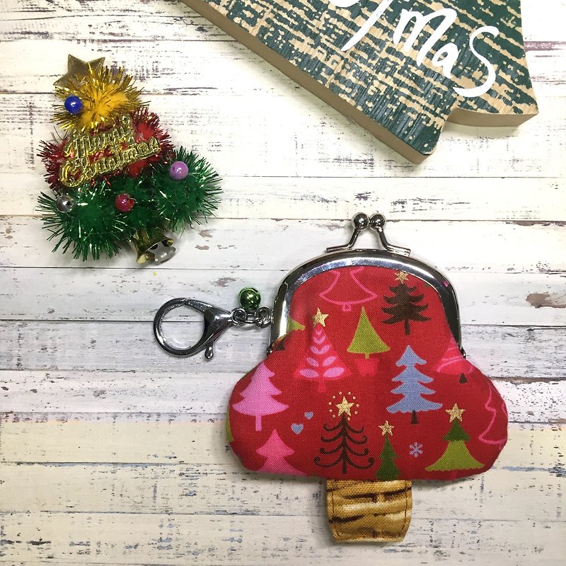 Red 吱吱 Christmas tree mouth gold coin purse - Coin Purses - Cotton & Hemp Red