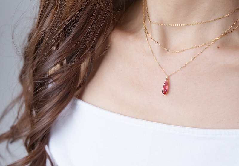 【14KGF】Necklace,Thin Teardrop -Ruby/Grey/Black/Crystal- - Necklaces - Glass Gold