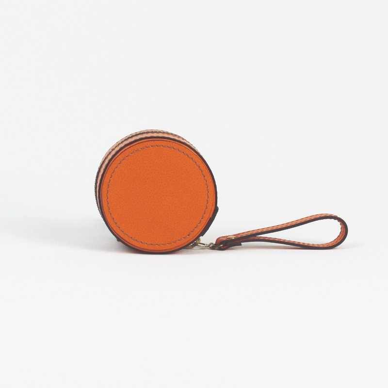 Italian vegetable tanned leather macaron round coin purse genuine leather earphones to store birthday and Valentine’s Day gifts - Coin Purses - Genuine Leather Orange