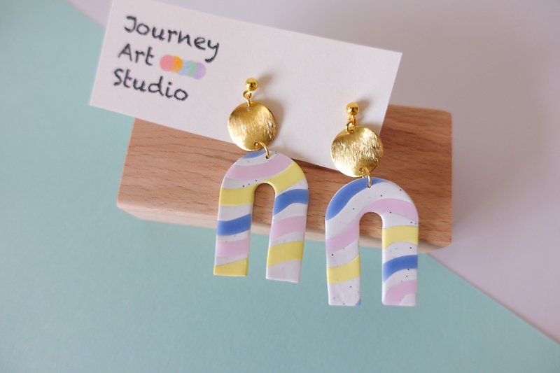 Stubborn Series-Pastel color arch bridge type handmade soft clay earrings / can be modified - Earrings & Clip-ons - Pottery Multicolor