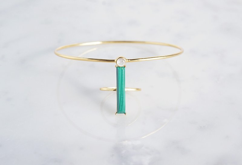 [Gold Vermeil / Gemstone] Green Malachite Bar Gold Ring - แหวนทั่วไป - เครื่องเพชรพลอย สีเขียว