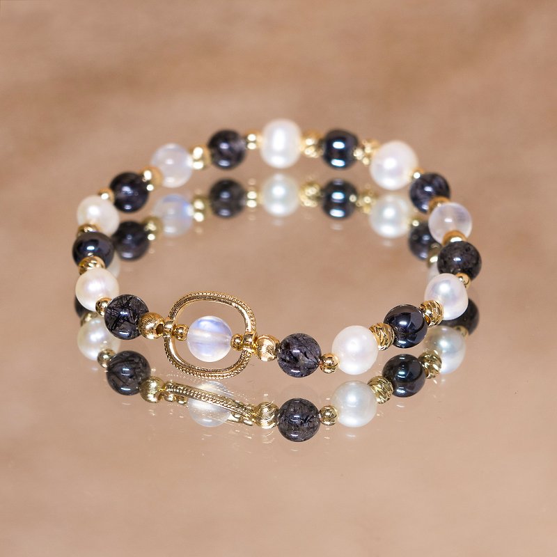 Moonlight Guardian/Health-Amulet/Moonstone-Black Hair Quartz-Pearl-Hematite- Bronze/Crystal Bracelet - Bracelets - Crystal White