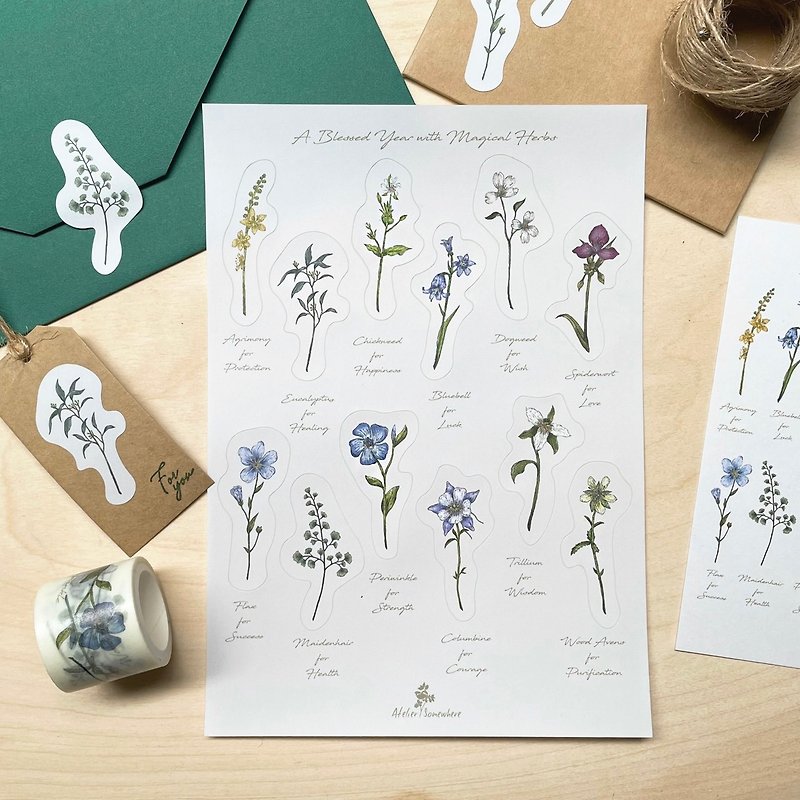 Strolling in the Botanical Garden/Illustrated Book Sticker-Potion Flowers and Plants (one set of two) - Stickers - Paper Multicolor