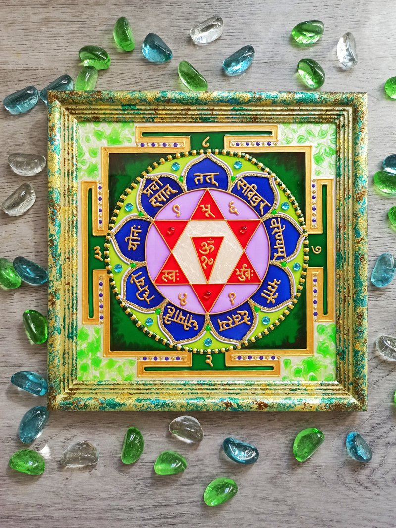 手绘Gayatri yantra Saraswati吠陀占星术冥想瑜伽艺术Vastu - 壁貼/牆壁裝飾 - 玻璃 綠色
