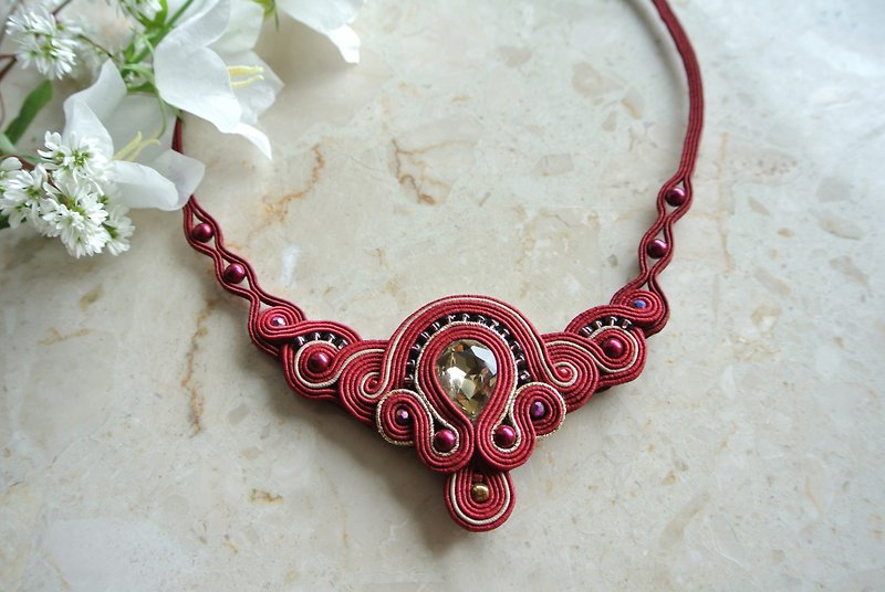 Red and gold necklace, soutache embroidered necklace, rhinestone necklace - Necklaces - Polyester Red