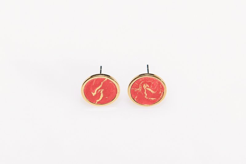 Valentine metal frame burgundy hand-rendered gold earrings / ear clip - ต่างหู - ดินเหนียว สีแดง