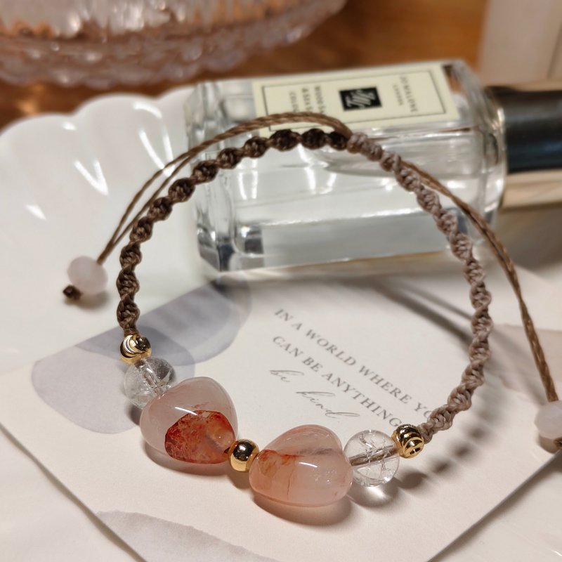 【蝴蝶結紅膠花奶茶色系編織手鏈 】招好運、轉運、提升運勢 - 手鍊/手環 - 水晶 粉紅色