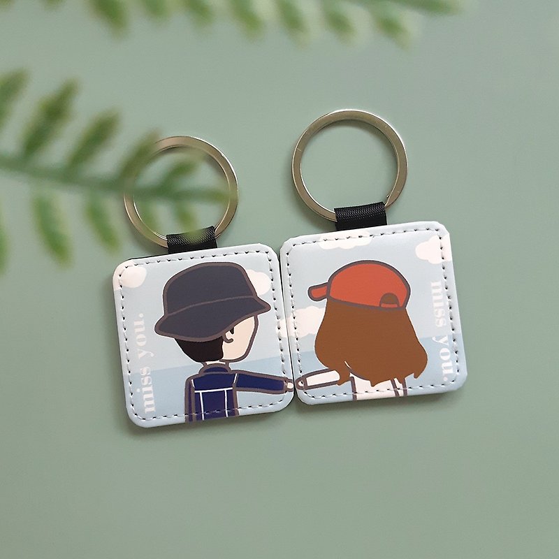 [Customized gift] I like to hold hands. Customized hand-painted exclusive love token leather key ring - ภาพวาดบุคคล - หนังเทียม สีเขียว
