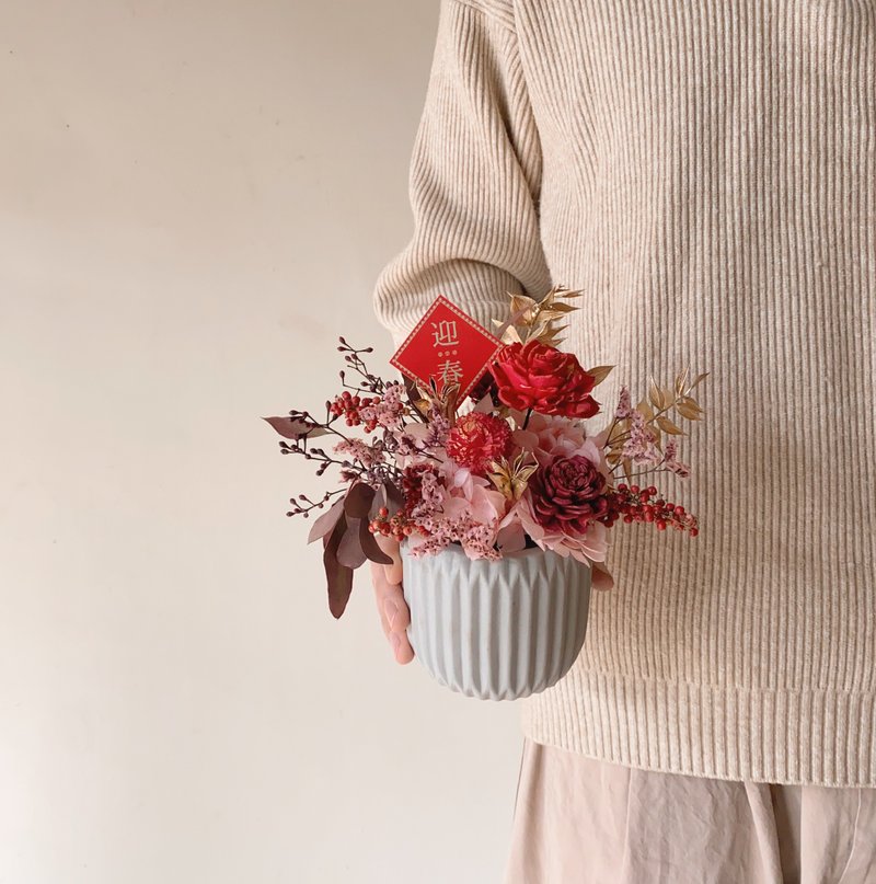 New year dry potted flowers pink with peach blossom style - ช่อดอกไม้แห้ง - พืช/ดอกไม้ สึชมพู