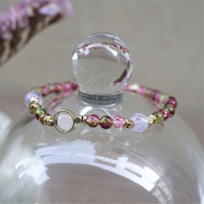 << Sweet mood - natural stone bracelet >> Pink crystal watermelon tourmaline crystal light amethyst brass - สร้อยข้อมือ - คริสตัล หลากหลายสี