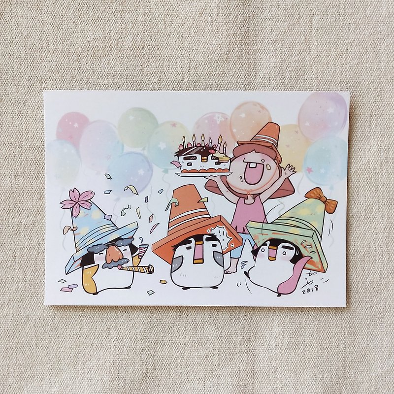 [ぺんぎん姉妹] イラストポストカード ちょうちょのお誕生日会 - カード・はがき - 紙 