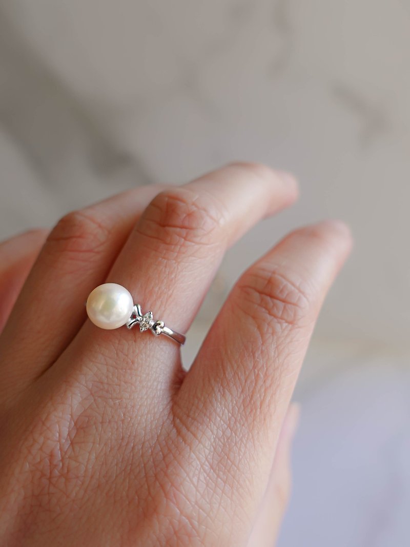 【現貨特賣】14K 白金鑽石 珍珠戒指 清新金飾女戒 情人節禮物 情 - 戒指 - 鑽石 金色
