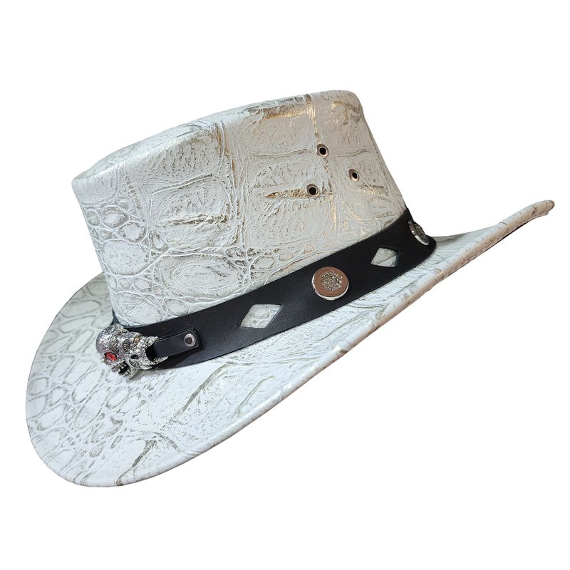 Crocodile Texture White Leather Cowboy Hat - หมวก - หนังแท้ ขาว