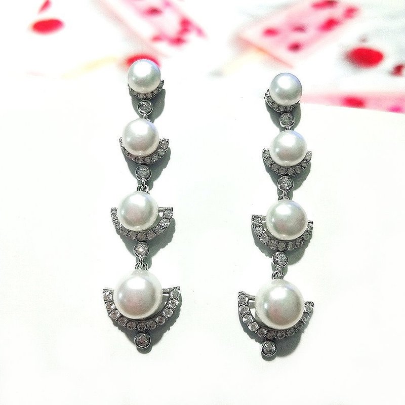 I JEWELRY 氣質知性淡水珍珠串頂級鋯石純銀耳環 純銀保證卡 - 耳環/耳夾/耳骨夾 - 純銀 銀色
