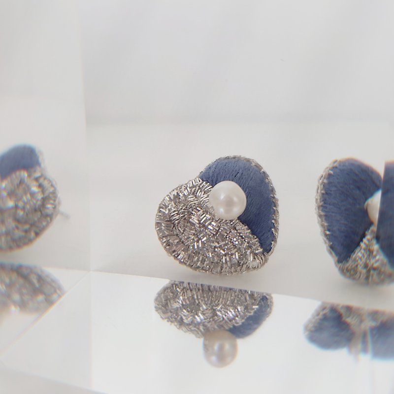 Heart Pearl Hand Embroidered Earrings Denim Blue - Earrings & Clip-ons - Thread Blue