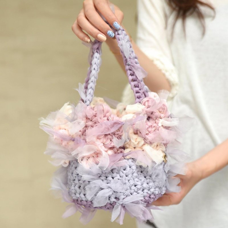咲き編みフラワーバッグ||パープルミックス - トート・ハンドバッグ - その他の素材 パープル