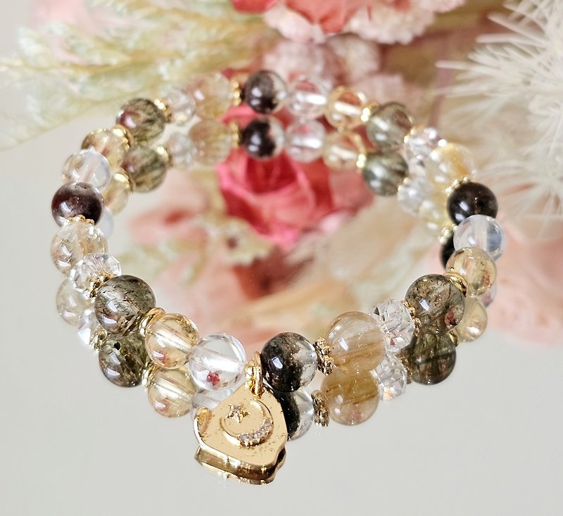 Forest of Abundance - attracting good fortune/helping career energy/titanium crystal/citrine/green ghost/green tourmaline hair crystal - Bracelets - Crystal Gray