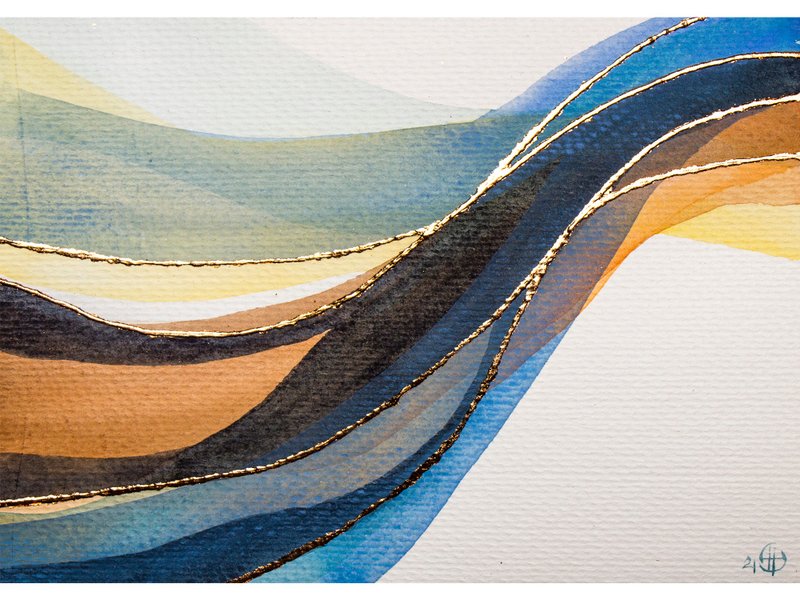 Abstract Landscape Watercolor Original Painting Turkish Blue Terracotta Art - 海報/掛畫/掛布 - 紙 橘色