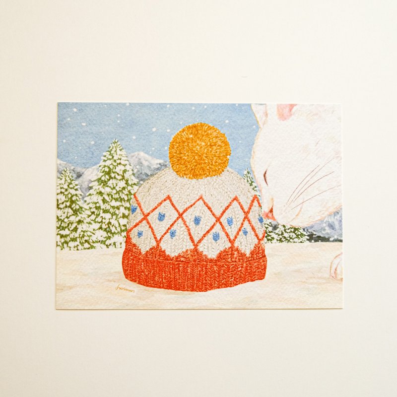 明信片 雪地裡的貓與毛線帽 聖誕卡 - 卡片/明信片 - 紙 多色