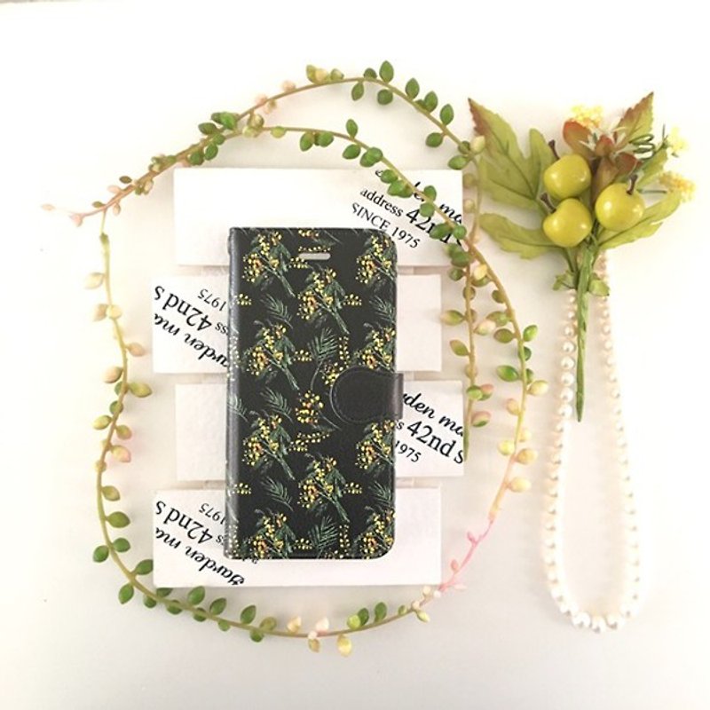 pajour) Monotone black color Mimosa pattern notebook type smartphone case [Autumn / Winter] [Floral pattern] No bijou - Phone Cases - Genuine Leather Black