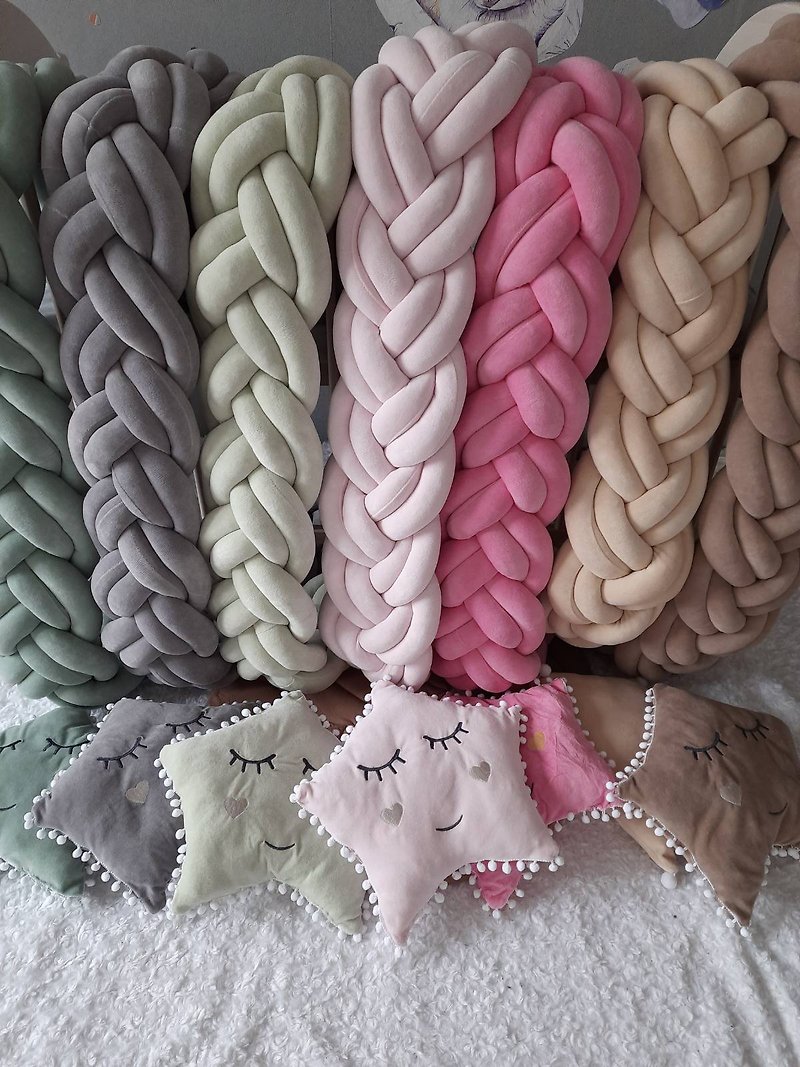 Braided crib  bumper.  Nursery crib bedding + Star pillow as a gift! - Baby Accessories - Cotton & Hemp Multicolor