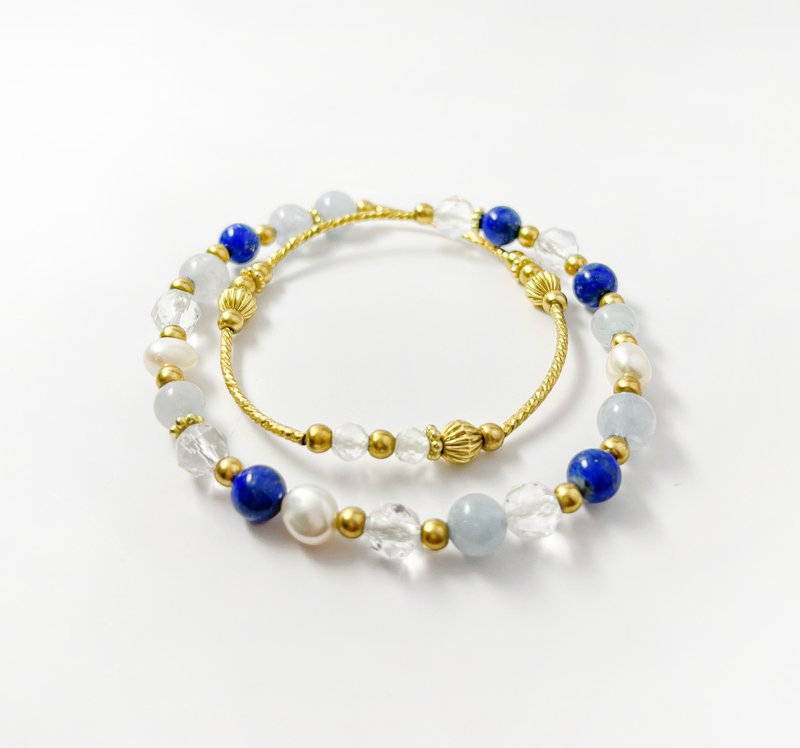 Sea Princess Double Circle / Aquamarine Lapis Baroque Freshwater Pearl White Crystal Bronze - Bracelets - Crystal Blue