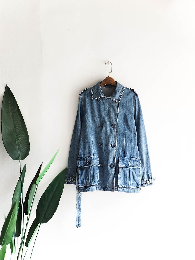 神奈川風衣式俐落大口袋 古董棉質丹寧襯衫上衣外套 vintage - 女大衣/外套 - 棉．麻 藍色