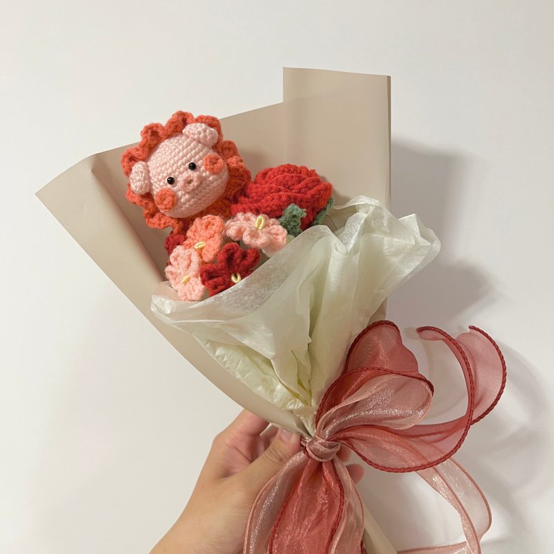 Crochet Pig Flower Bouquet - Dried Flowers & Bouquets - Cotton & Hemp Red