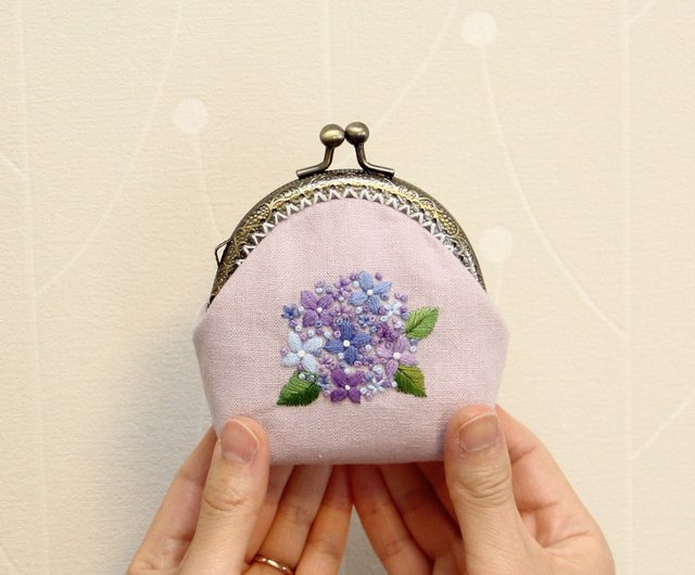 紫陽花 刺繍 がま口 ミニポーチ 手刺繍 - ショップ Himirolis