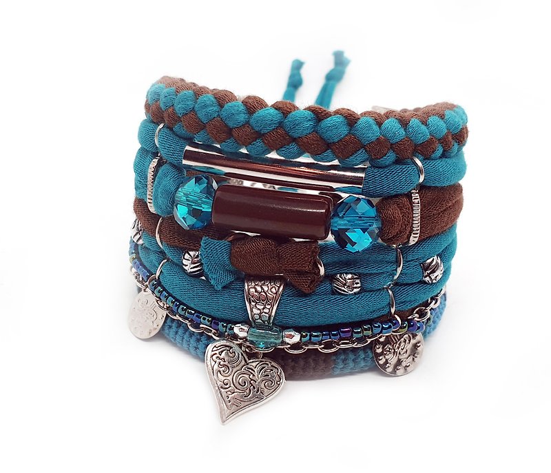 Teal Brown Bohemian Gypsy Bracelet Boho Hippie Style Heart Charm - สร้อยข้อมือ - ผ้าฝ้าย/ผ้าลินิน สีนำ้ตาล