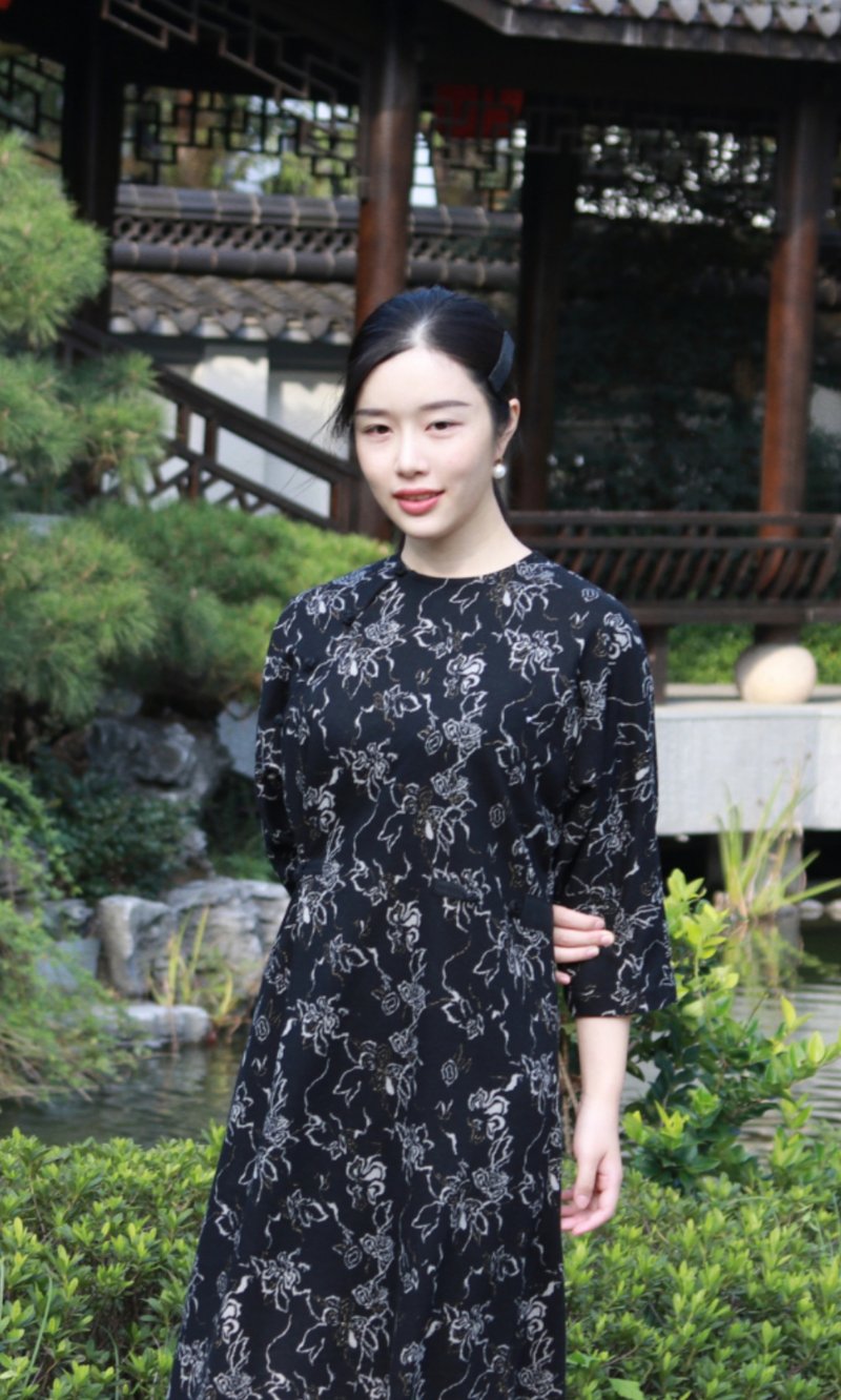 中式改良旗袍連衣裙 國風復古盤扣 針織彈力 腰間盤扣收腰 - 連身裙 - 其他材質 黑色