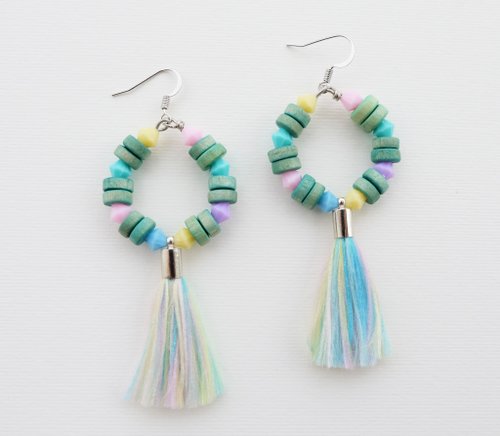 Mint wood earrings with pastel rainbow tassel