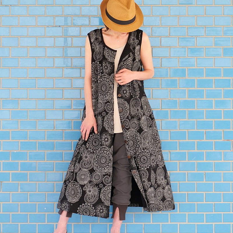 オリジナル生地・着丈2展開・羽織としてもgood・サークルフラワーモチーフ×ペイズリー柄・ロングワンピース・ブラック・d-dr502 - 洋裝/連身裙 - 棉．麻 黑色