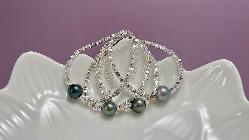 Broken silver natural seawater pearl Tahitian black pearl S925 Silver bracelet - สร้อยคอ - ไข่มุก สีดำ