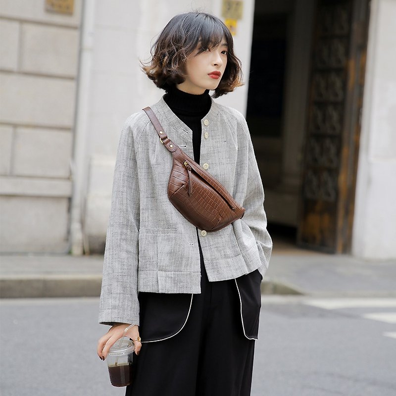 Linen-dyed twill coat top | Jacket | Autumn | Linen | Sora-371 - Women's Tops - Linen Gray