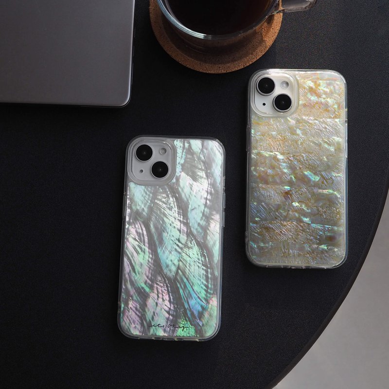 Moonlit Mist | Handmade Mother of Pearl & Abalone Resin iPhone 14/15 Case Unique - Phone Cases - Shell Gray