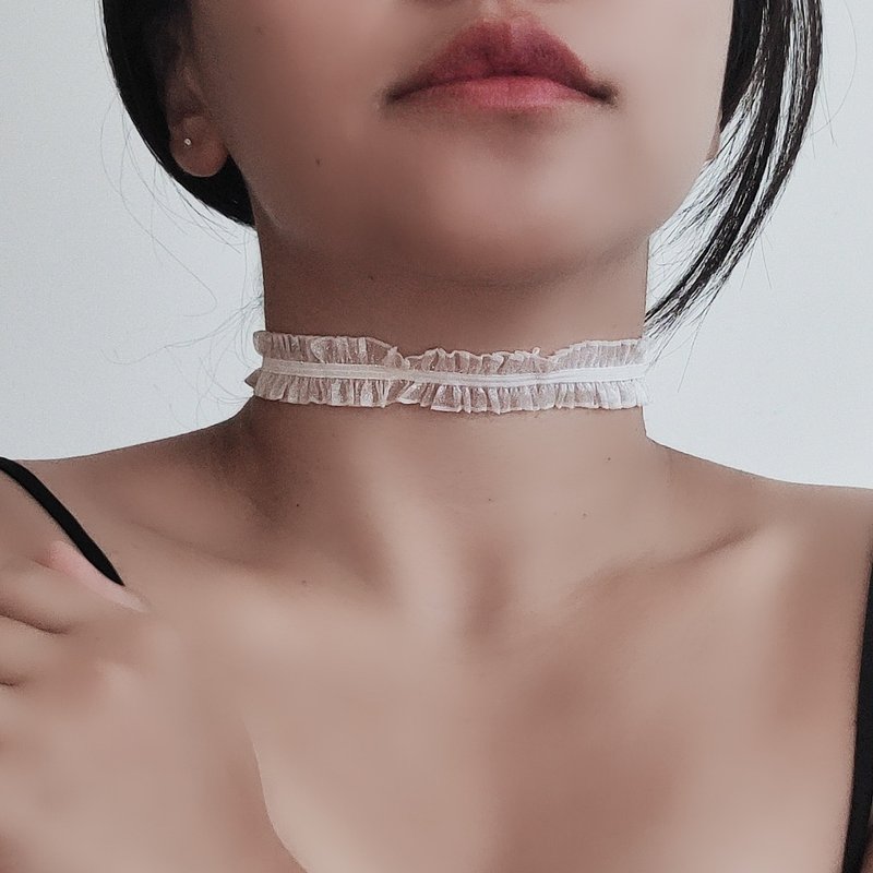 裸肌感 彈力半透花邊蕾絲choker 白 復古風 - 頸鏈 - 棉．麻 白色