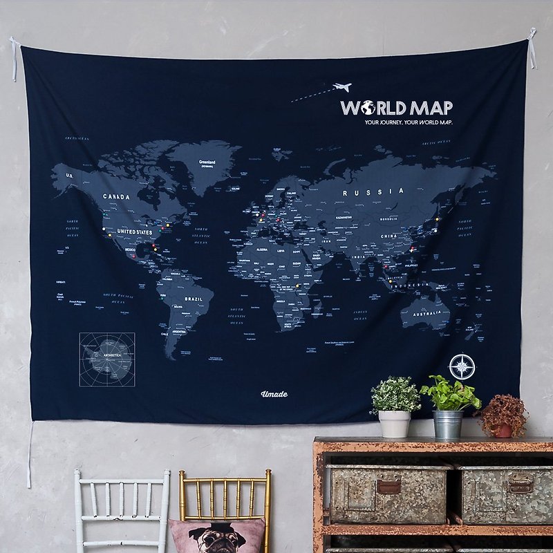 Personalized World Map, Pin Map Travel Map-Navy Blue-Wall Decor (Fabric) - แผนที่ - เส้นใยสังเคราะห์ หลากหลายสี