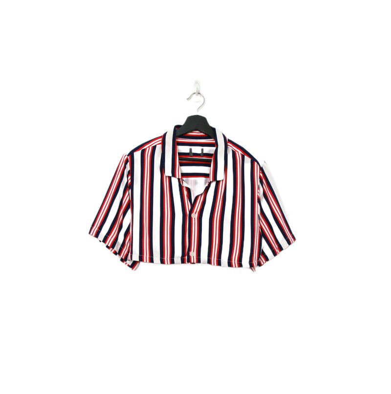 Back to Green-再製短板條紋襯衫 鮮紅白紋 dv-41 //vintage shir - 女襯衫 - 棉．麻 